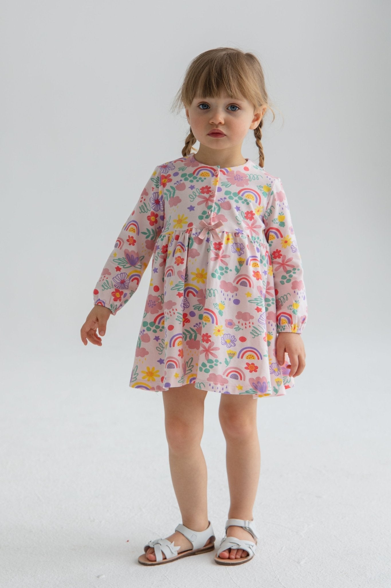 Baby Girl Pink Colorful Printed Long Sleeve Summer Dress - Artie Kids UK